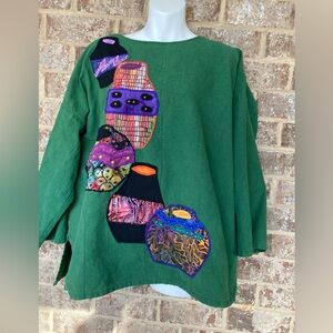 Alfredos Wife SZ L tunic top Green Gold studs Vases Appliqué Bling Vintage